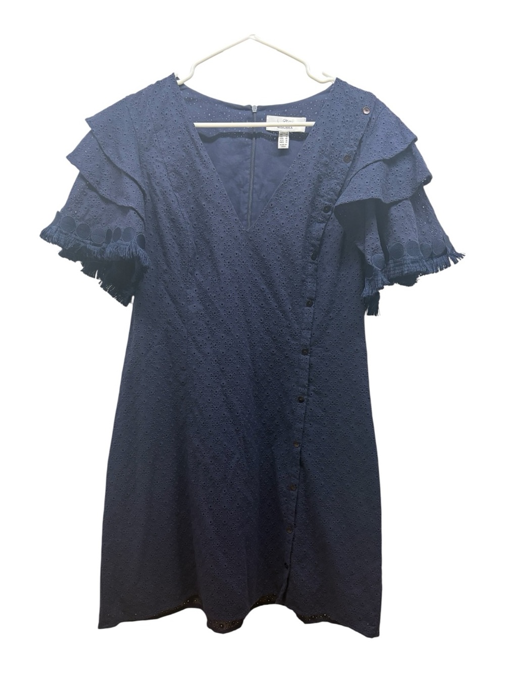 Belle Badgley Mischka Navy Eyelet V‑Neck Mini Dress with Tassel Trim Sleeves
